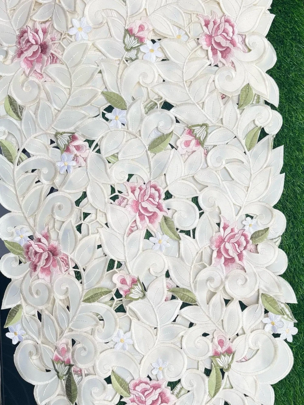68” Embroidered Floral Cutwork  Table Runner Garden French Country Cottagecore